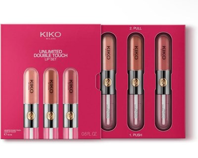 Набір для губ, що містить 3 двоетапні рідкі помади KIKO Milano Unlimited Double Touch Lip Set  1037 фото